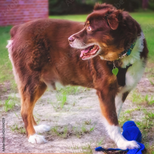 Red tri Australian Shepherd playing with a dog toy in Coden, Alabama photo