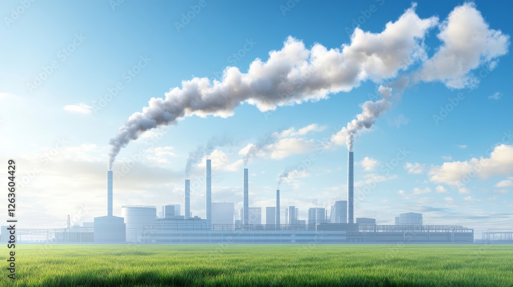 Industrial Factory Emitting Smoke Under Clear Blue Sky Industrial Factory Emitting Smoke Under Clear Blue Sky