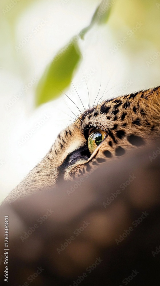 A focused image of a cheetah's face amidst a green leaf with a hazy background A focused image of a cheetah's face amidst a green leaf with a hazy background