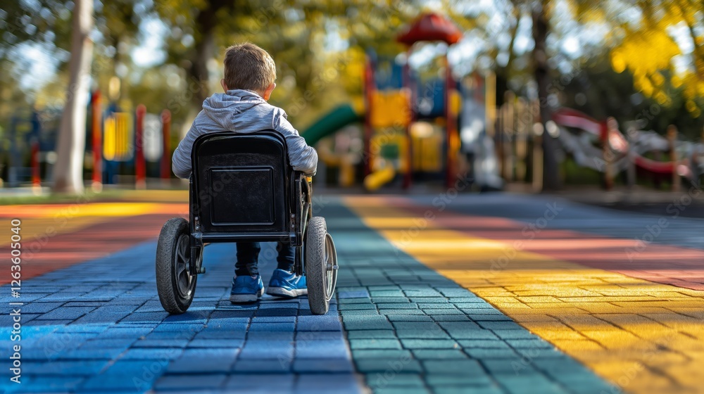 Obraz premium Child riding in wheelchair on colorful playground path during sunny day