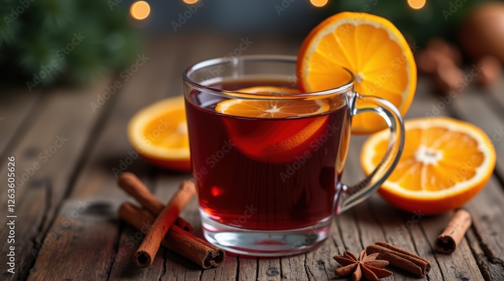 A glass of mulled wine garnished with orange slices and spices A glass of mulled wine garnished with orange slices and spices
