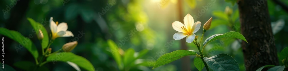 Soft light illuminates the delicate petals of an xique xique flower amidst the dense foliage of a caatinga tree, florido, flowers, rainforest Soft light illuminates the delicate petals of an xique xique flower amidst the dense foliage of a caatinga tree, florido, flowers, rainforest