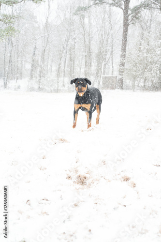 Rottweiler standing in snowfall with a snowy forest background