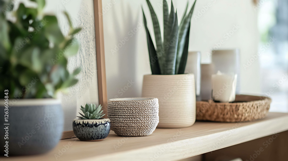 A clean and neutral-toned set of home decor items on a shelf. A clean and neutral-toned set of home decor items on a shelf.