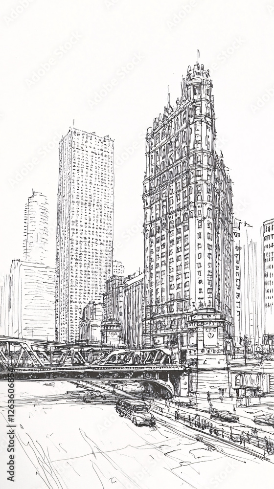 Fototapeta premium Architectural Sketch of a City Bridge with Perspective Depth, Featuring Structural Details and Urban Design in a Loose Artistic Drawing Style