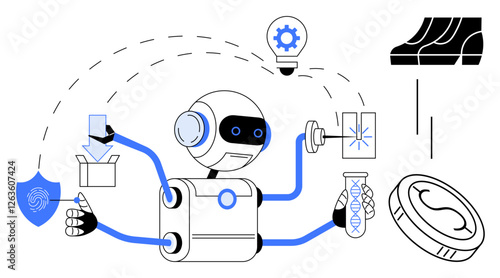 Robot using multiple arms for tasks thumbs up analyzing DNA, securing blockchain, and developing ideas. Ideal for AI, automation, innovation, technology, cybersecurity, research futuristic