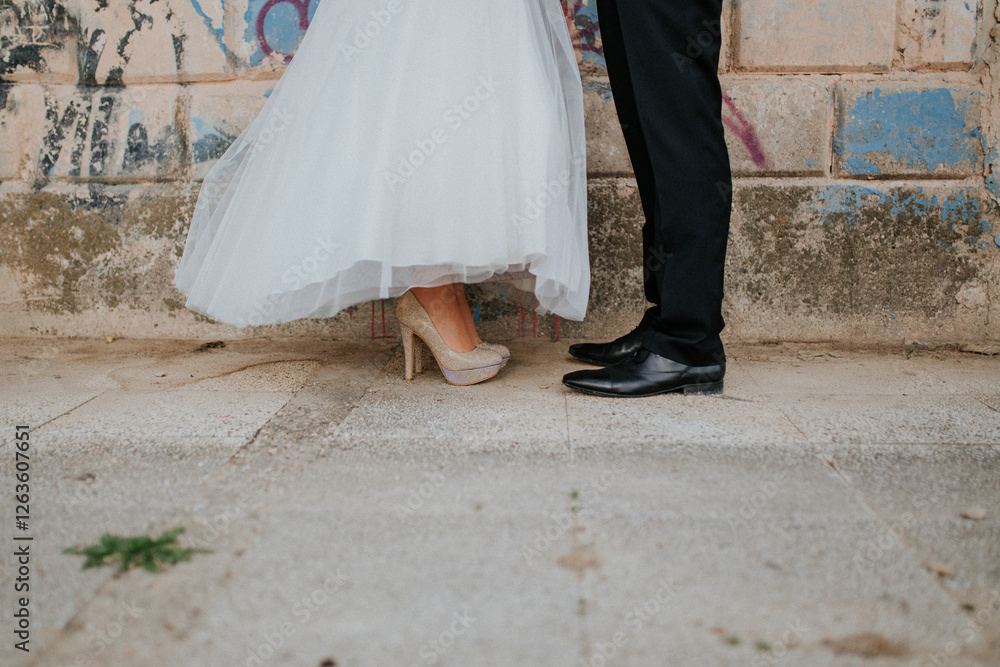 Bride and Groom Facing Each Other on Wedding Day Bride and Groom Facing Each Other on Wedding Day
