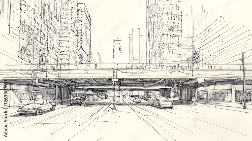 Fototapeta premium Architectural Sketch of a City Bridge with Perspective Depth, Featuring Structural Details and Urban Design in a Loose Artistic Drawing Style