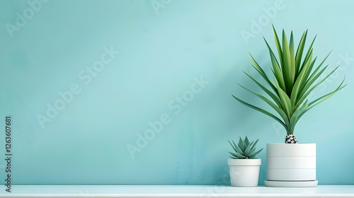 Wallpaper Mural Modern indoor plant arrangement on a minimalistic shelf against a soft turquoise wall backdrop Torontodigital.ca