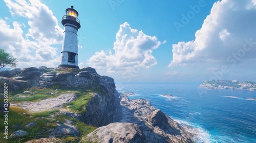 Lighthouse on a Cliffside, Serene Ocean View