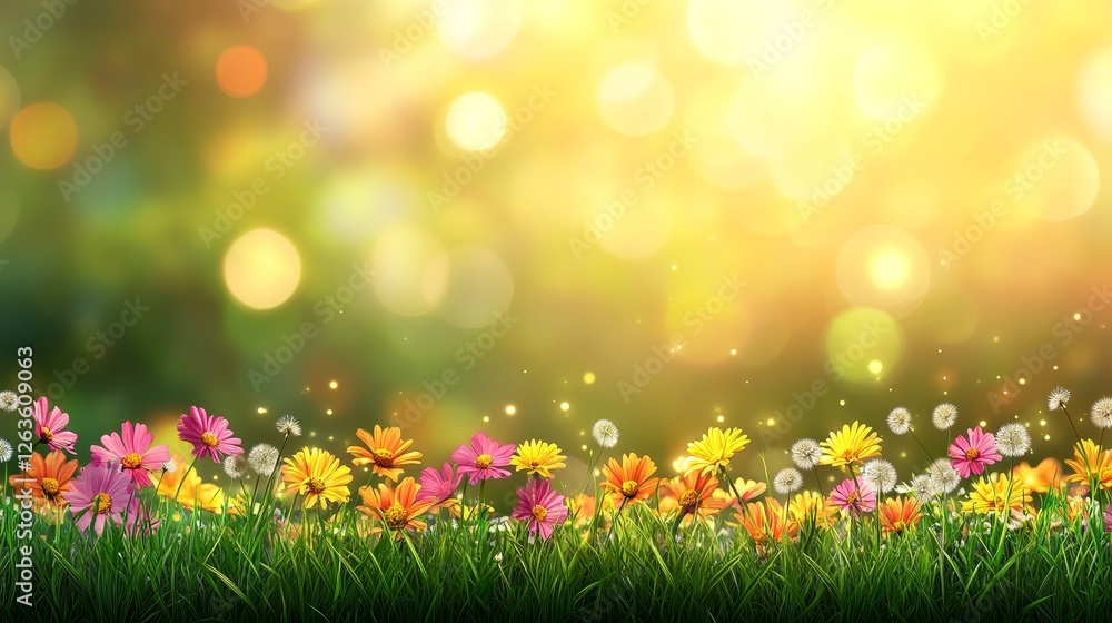 Fototapeta premium Bright Summer Meadow Wildflowers, Daisies, and Dandelions in Full Bloom Under the Sun