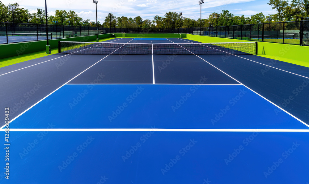 Fototapeta premium Vibrant Outdoor Tennis Courts with Fresh Paint, Clear Sky, and Lush Green Surroundings, Perfect for Recreational Sports and Competitive Matches