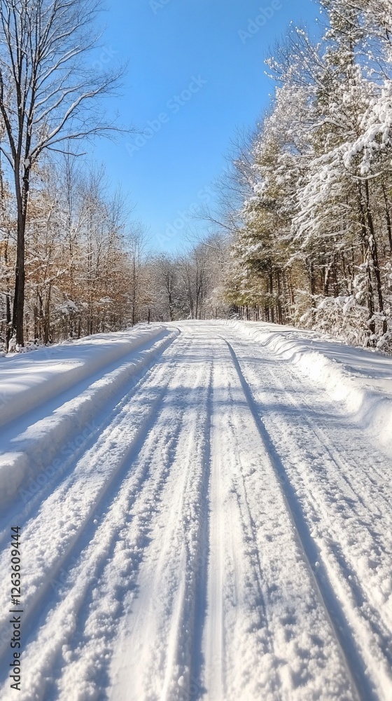 Obraz premium Snowy road through winter woods, sunny day. Winter travel