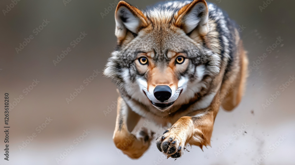 Fototapeta premium Majestic Wolf in Dynamic Motion Captured with Precision in Natural Habitat Showcasing Strength, Agility, and Wild Spirit of Nature