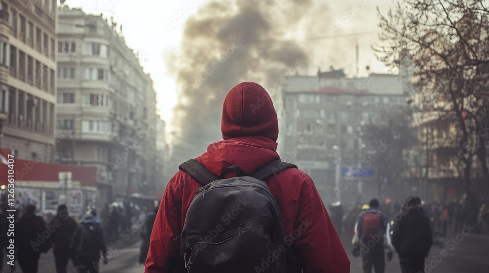 Fototapeta premium Facing the unknown: A solitary figure in a red hooded jacket confronts billowing smoke amidst an urban landscape of buildings and a crowd of anonymous people.