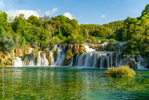 Croatia, Dalmatia, Krka National Park - 20 August 2024 - Fantastic waterfall in the Krka National Park surrounded by green and lush nature