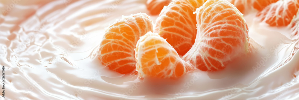 Coconut milk and tangerine segments create ripples in a tranquil setting Coconut milk and tangerine segments create ripples in a tranquil setting