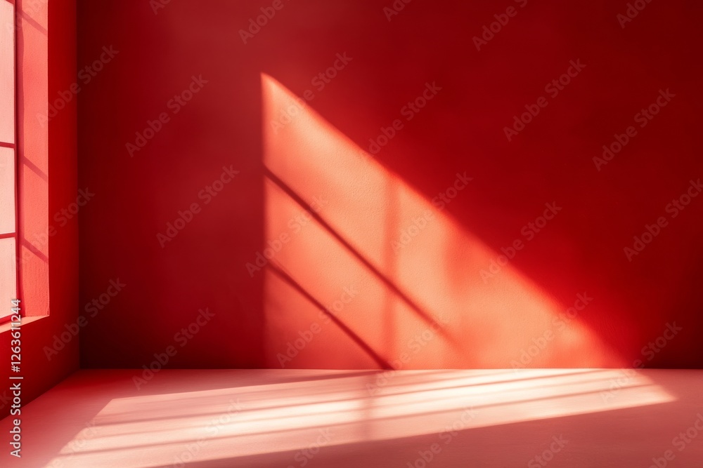 Soft shadows play across a vibrant red wall in a minimalist interior space during the late afternoon Soft shadows play across a vibrant red wall in a minimalist interior space during the late afternoon