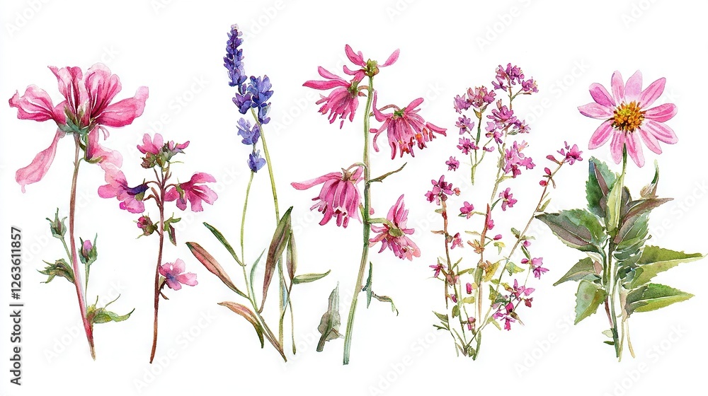 Naklejka premium A bouquet of vibrant wildflowers against a pristine white backdrop, featuring shades of pink, purple, and green