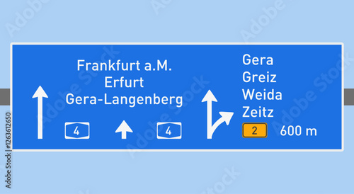 Autobahntafel; Autobahn A4, Ausfahrt Gera, Greiz, Weida, Zeitz Bundesstraße B2 in Richtung Frankfurt a.M., Nachbildung