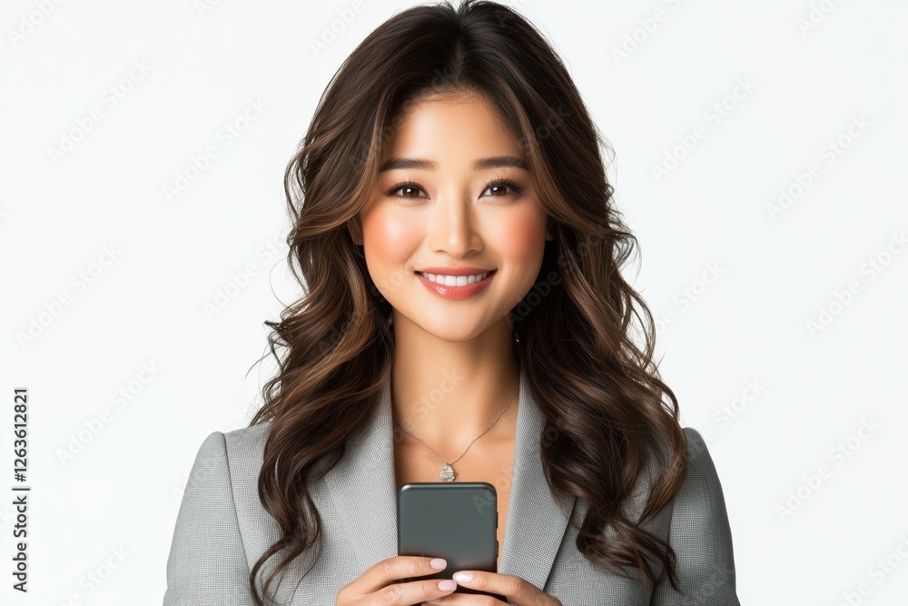 Smiling businesswoman holding a smartphone Smiling businesswoman holding a smartphone