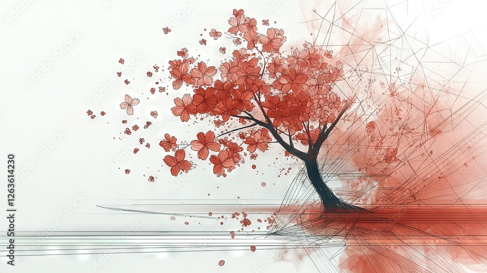 A painting featuring a tree with vibrant red foliage adorning its branches against a backdrop of red and white A painting featuring a tree with vibrant red foliage adorning its branches against a backdrop of red and white
