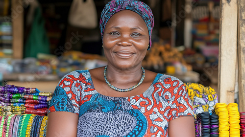 Smiling African Woman in Colorful Traditional Attire Posing at a Vibrant Market Stall Surrounded by Handmade Crafts and Accessories