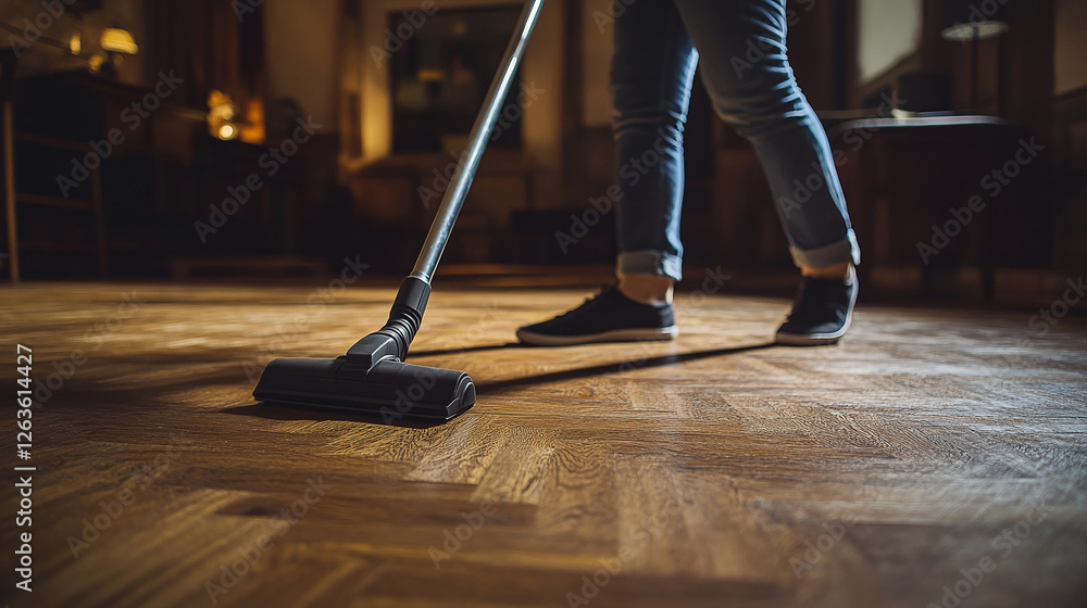 Fototapeta premium Maintaining a clean home with regular floor cleaning is good for health and creating a hygienic environment. Effortlessly remove dust and dirt from your floors.