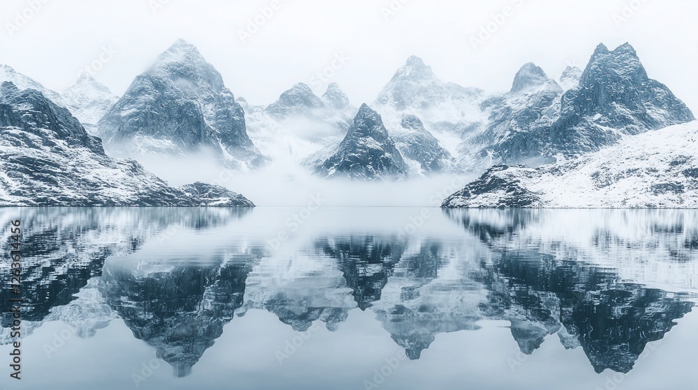 Obraz premium Misty fjord, snow-capped peaks reflected in calm water; winter landscape, travel