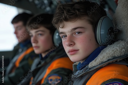 Young cadets inside aircraft with headsets