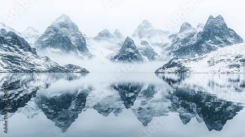 Wallpaper Mural Misty fjord, snow-capped peaks reflected in calm water; winter landscape, travel Torontodigital.ca