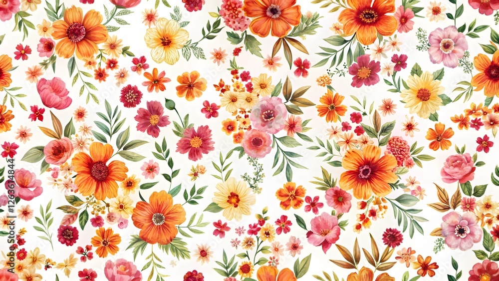 Fototapeta premium Watercolor Floral Pattern, Orange, Pink, and Yellow Flowers on White Background