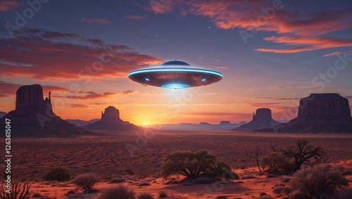 A sleek UFO hovers silently above the desert mesas at sunset, creating an otherworldly spectacle.