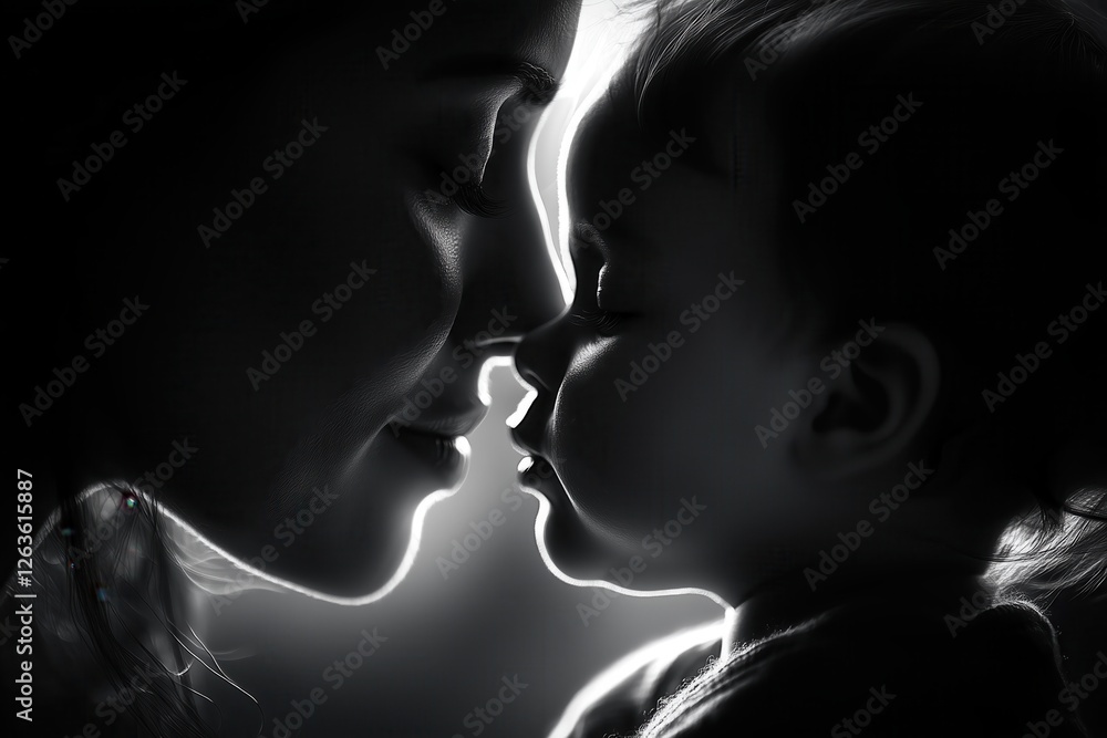 Fototapeta premium Black and white silhouette of mother and baby touching noses