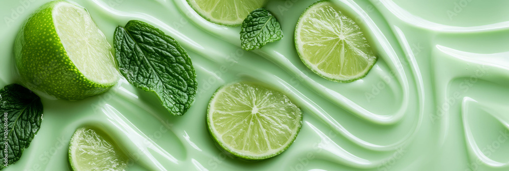 Mint green milk swirled with lime ripples and garnished with fresh lime wedges Mint green milk swirled with lime ripples and garnished with fresh lime wedges