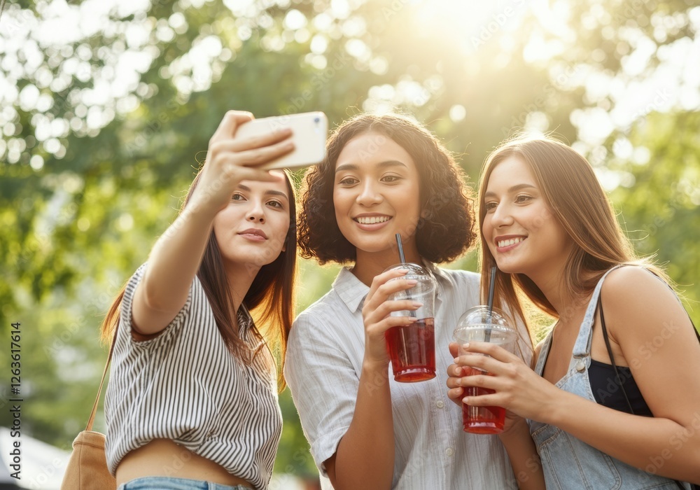 Three friends taking a selfie while enjoying drinks in a sunny park Three friends taking a selfie while enjoying drinks in a sunny park