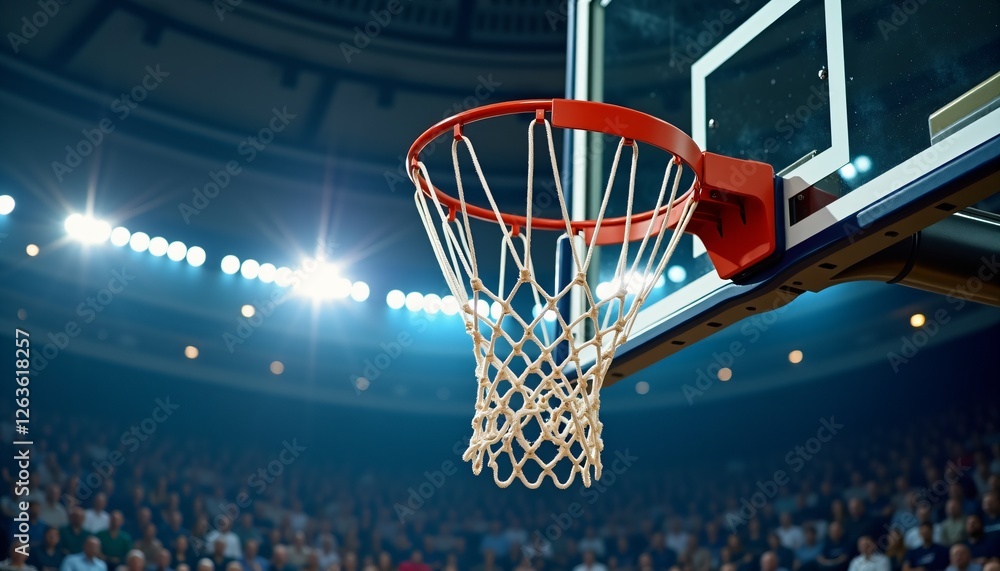 Basketball hoop and net in a packed indoor stadium under bright lights Basketball hoop and net in a packed indoor stadium under bright lights