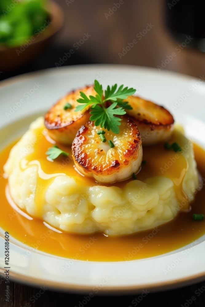 Mashed potatoes topped with a layer of pan-seared scallops and golden brown sauce, mashed potatoes, dish Mashed potatoes topped with a layer of pan-seared scallops and golden brown sauce, mashed potatoes, dish