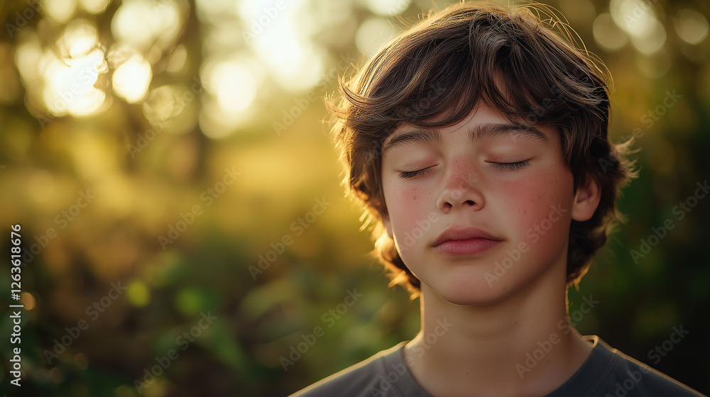 Teen surrounded by nature, eyes closed in deep meditation, peaceful light, mindful presence theme, outdoor portrait photography Teen surrounded by nature, eyes closed in deep meditation, peaceful light, mindful presence theme, outdoor portrait photography