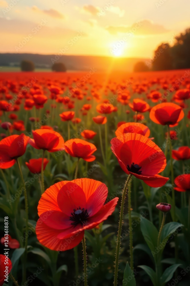 Morning sun peeking through the red poppy fields, poppies, red hues, gentle light Morning sun peeking through the red poppy fields, poppies, red hues, gentle light