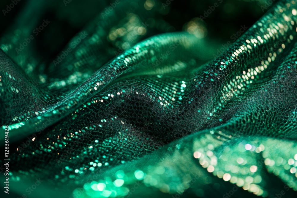 Luxurious velvety emerald-green fabric with shimmering texture and folds Luxurious velvety emerald-green fabric with shimmering texture and folds