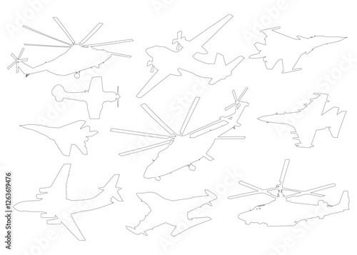 Contour of air transport, set of airplane, helicopter and etc. Vector illustration