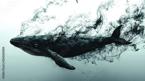   A monochrome image of a humpback whale exhaling a considerable amount of steam from its blowhole