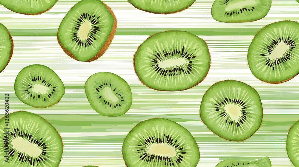 Fototapeta premium A kiwi halved sitting on a green countertop with another kiwi halved nearby