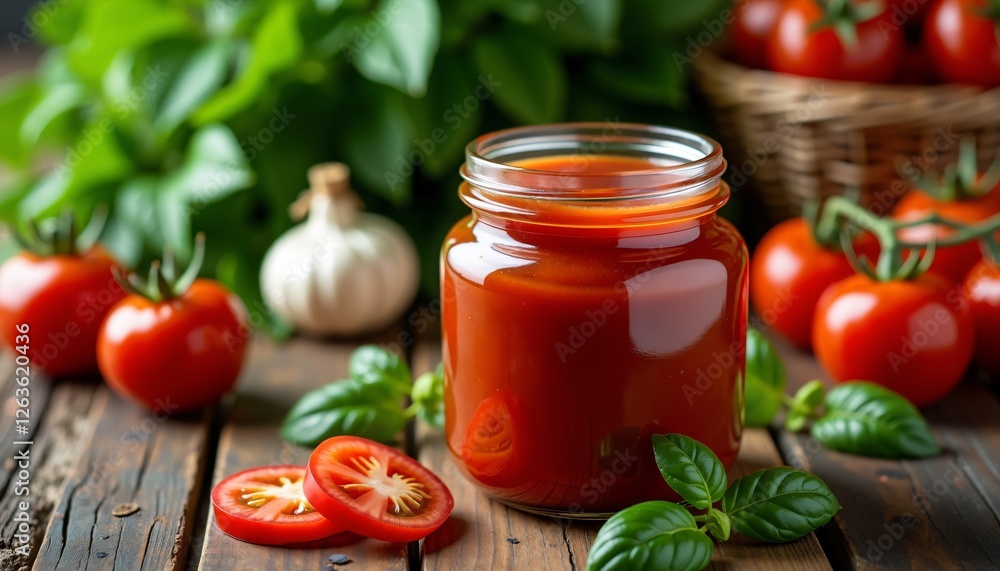 Jar of homemade tomato sauce with fresh basil and garlic Jar of homemade tomato sauce with fresh basil and garlic