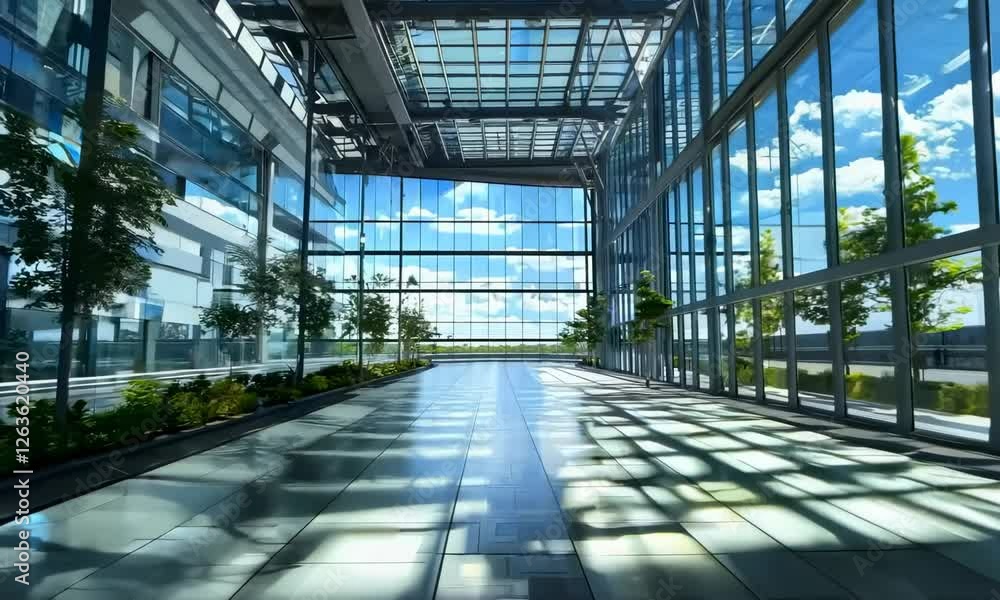 Modern building of a research or logistics centre. Glass hall. Modern building of a research or logistics centre. Glass hall.