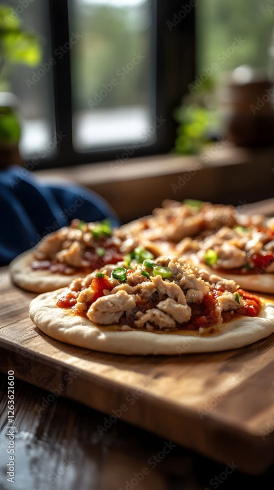 Small flatbreads topped with canned tuna, tomato sauce, and green onion. Small flatbreads topped with canned tuna, tomato sauce, and green onion.