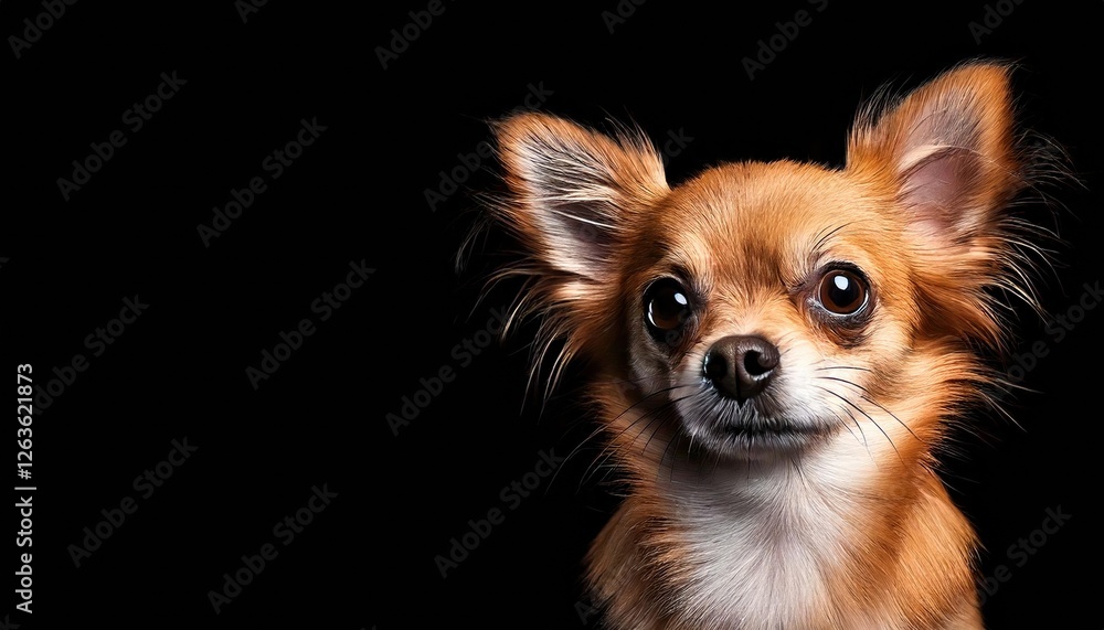 Cute and alert chihuahua gazing thoughtfully against a dark background in close-up view Cute and alert chihuahua gazing thoughtfully against a dark background in close-up view
