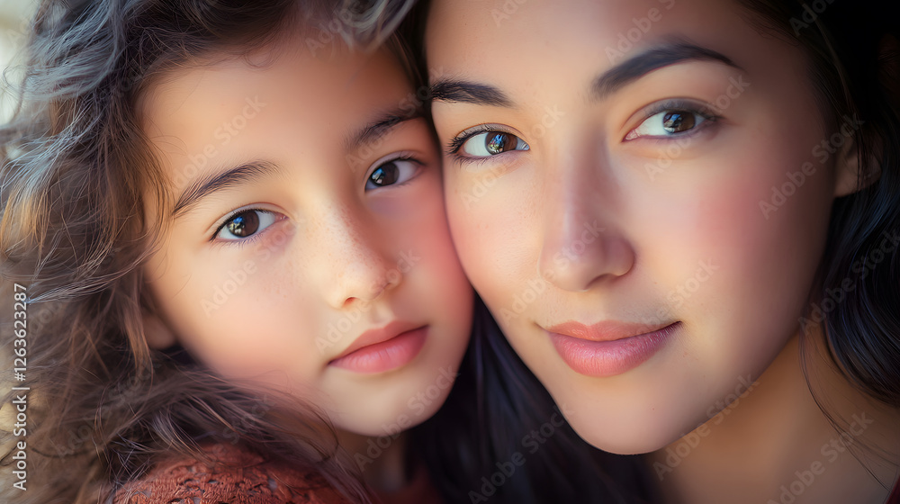 Obraz premium Close-up portrait of a woman and her daughter staring at the camera, mother and daughter relationship concept, on mother's day