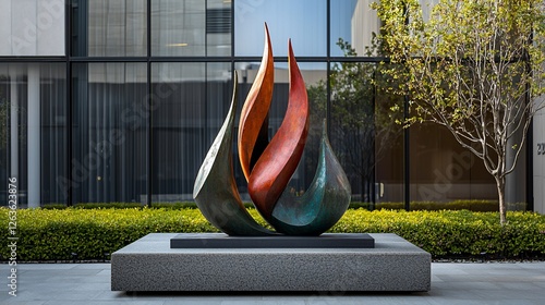 Modern sculpture flames on plaza, modern art, outdoor display, use in design, architecture, urban art photo